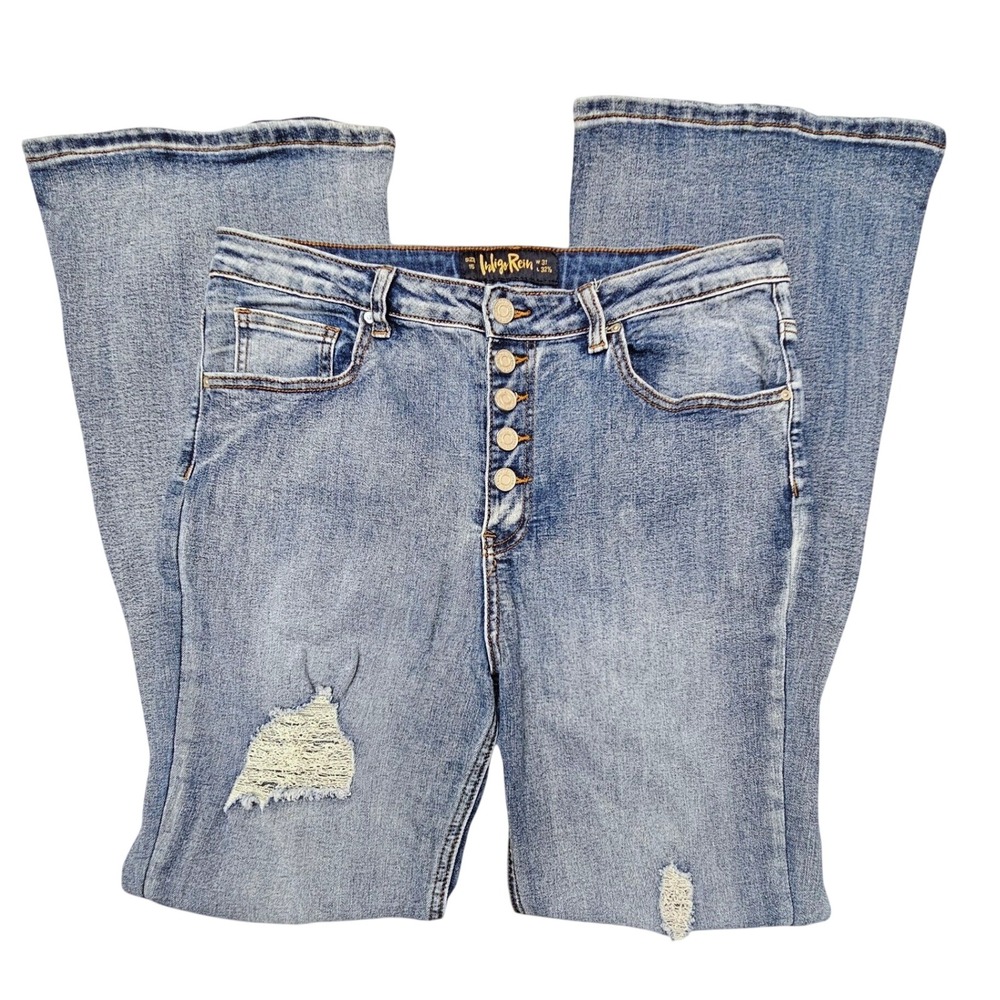 Indigo‎ Rein Womens Size 15 Distressed Flare Jeans Medium Wash Button Fly Denim